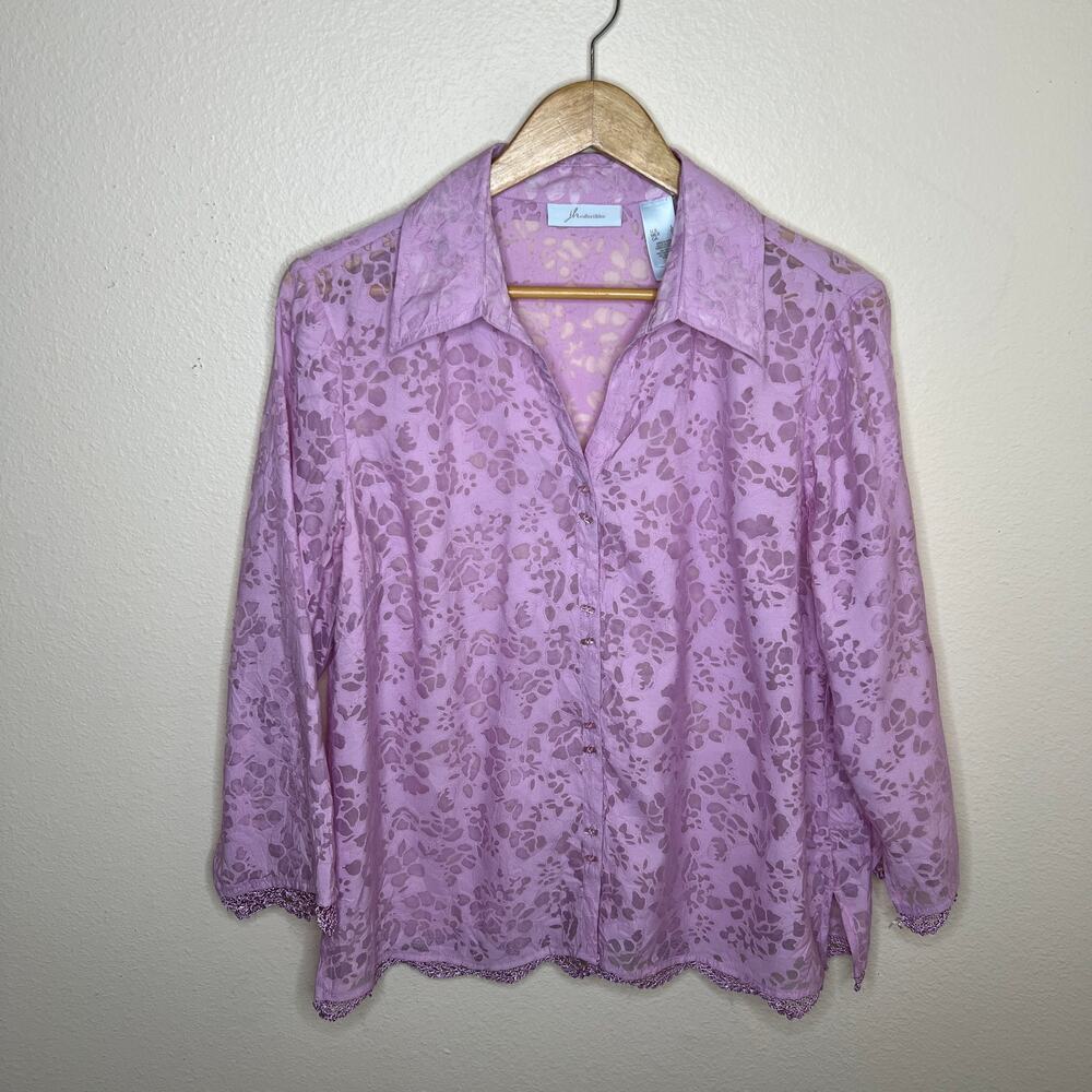jh Collectibles Lavender Burnout Long Sleeve Lace Trim Button Up Blouse Large